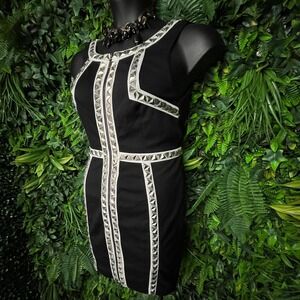 ARK & CO‎ Dress Women Large Black White Fitted Studded Mini Statement 1319